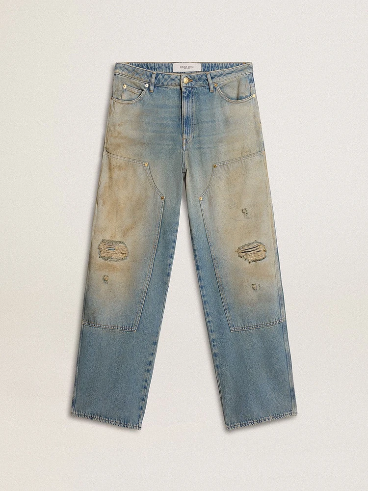 Men's distressed sand-washed jeans