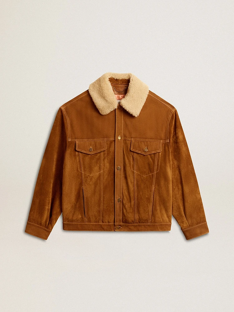 Men's jacket tobacco-colored split leather with a shearling collar
