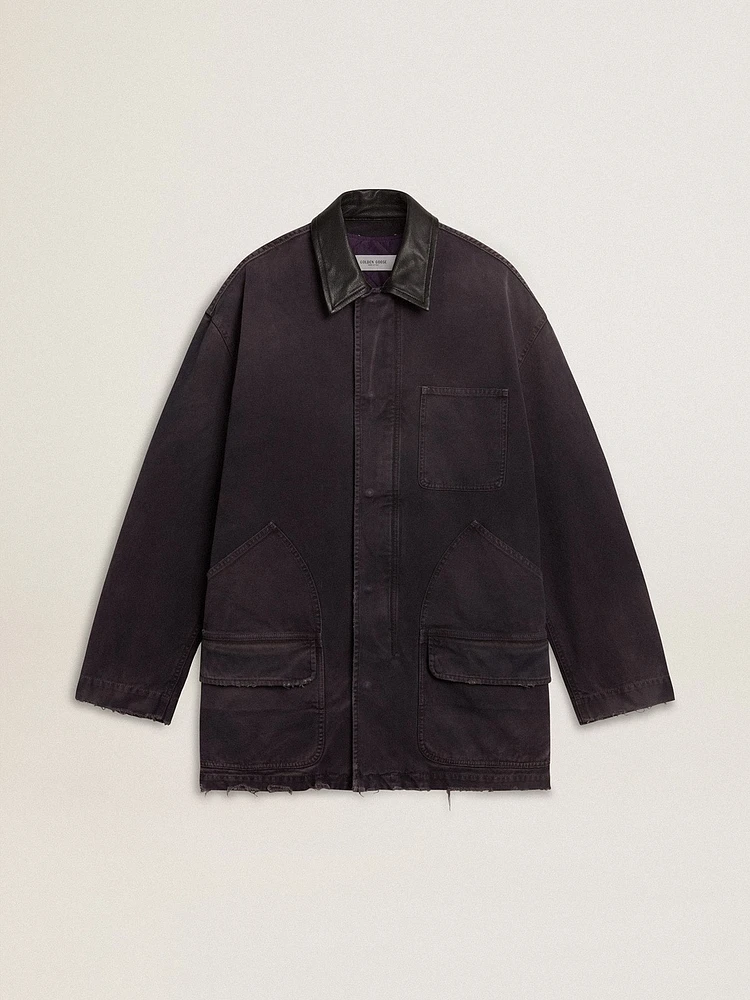 Men's denim jacket with distressed details and leather collar