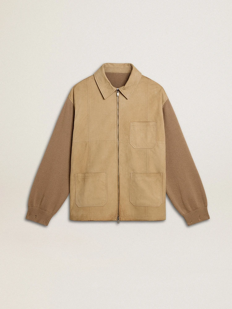 Men's jacket travertine-colored nubuck leather with wool-blend sleeves and back