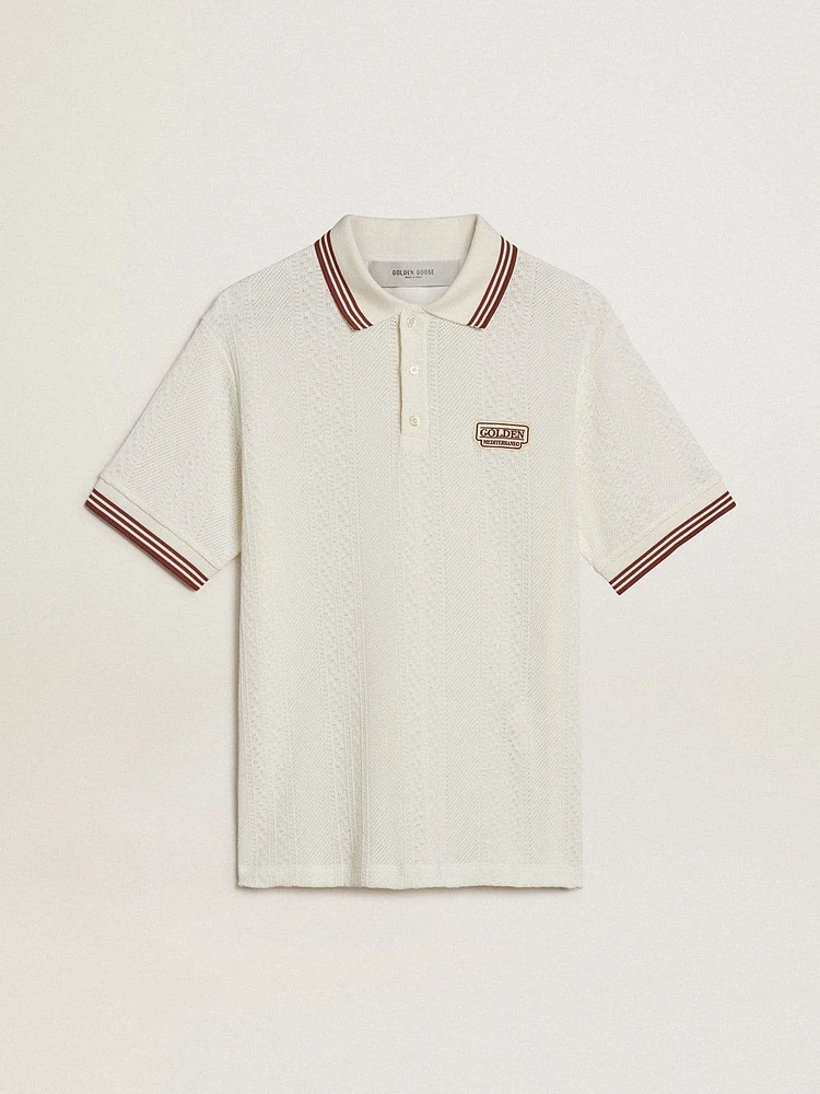 Men's polo shirt white perforated knit with burgundy striped details