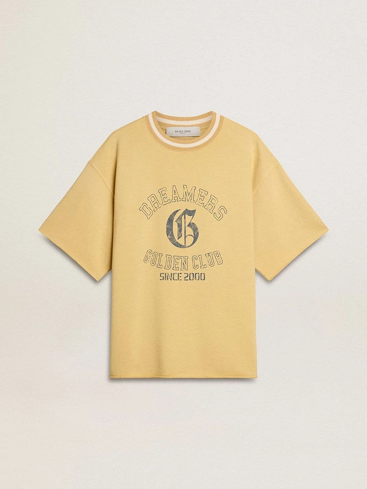 Men's oversized yellow cotton T-shirt with blue print