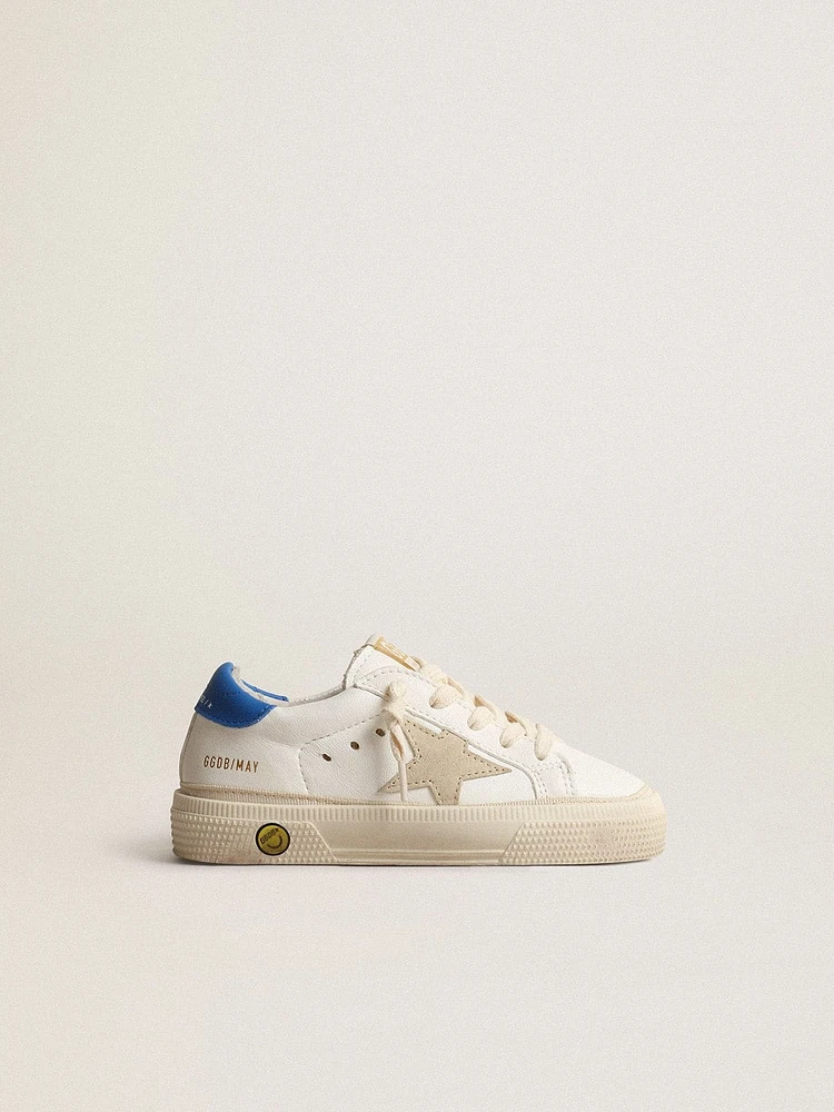 White May Teen with gray suede star and blue heel tab