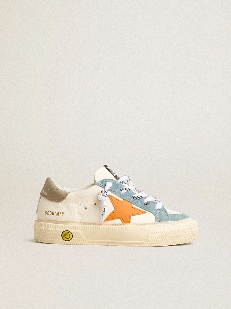 May Teen in nappa with orange leather star and blue suede inserts