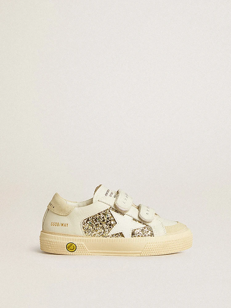 May Teen in white leather and gold glitter with white leather star