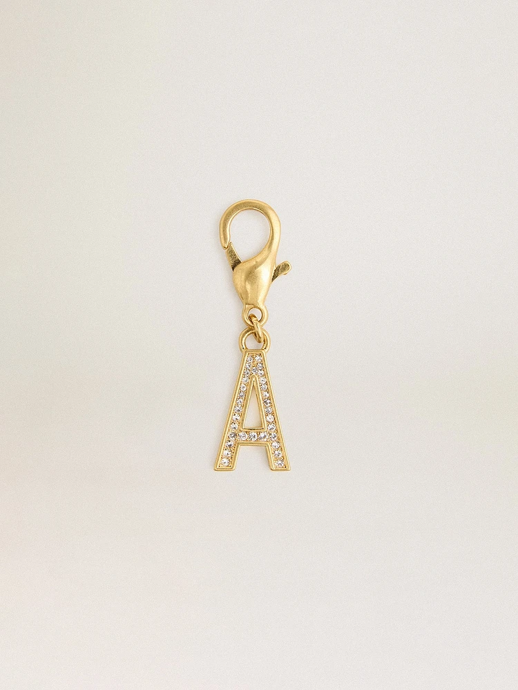 Letter A charm in gold-colored brass with crystals