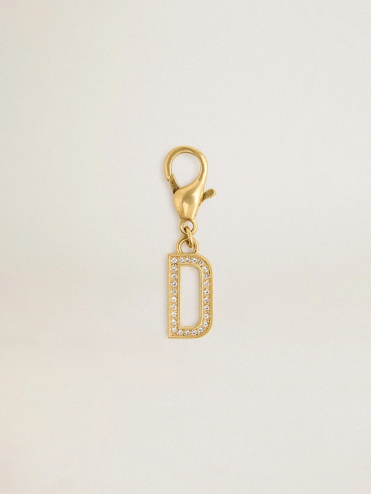 Letter D charm in gold-colored brass with crystals