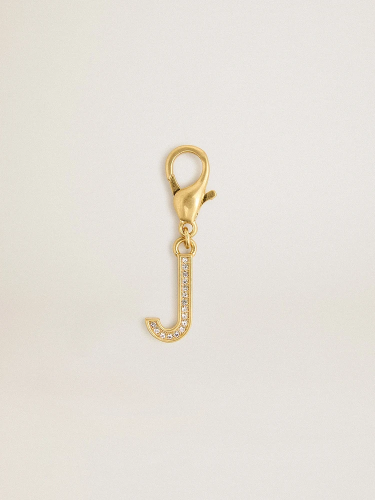 Letter J charm in gold-colored brass with crystals