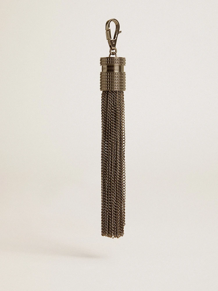 Tassel-shaped charm in silver-colored brass with crystals