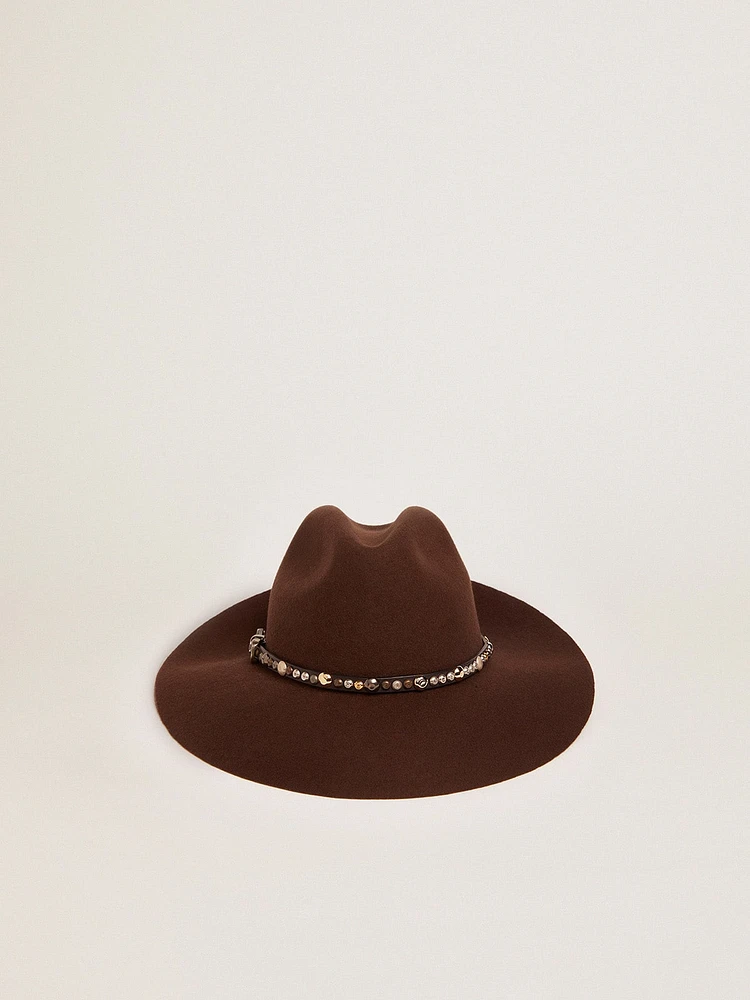 Coffee-brown hat with studded leather strap