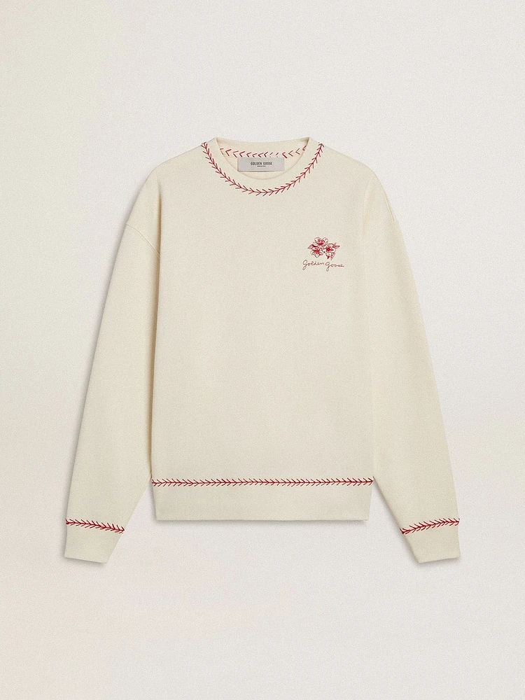 CNY sweatshirt worn-white cotton with red embroidery