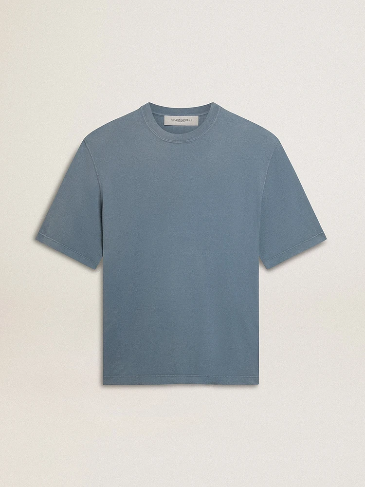 Unisex cotton T-shirt baby blue with reverse print on the back