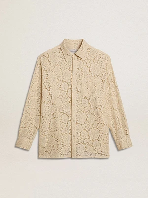 Oversized shirt in cream-colored see-through lace
