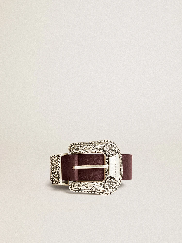 Women’s belt burgundy leather with decorated silver buckle
