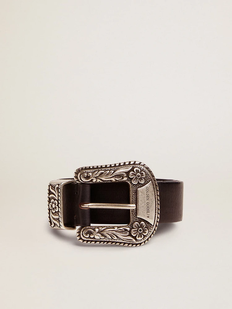Women's belt black leather with silver decorated buckle