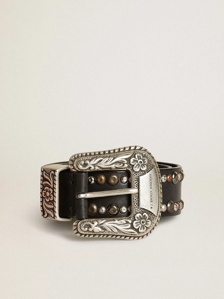 Women's belt black leather with studs