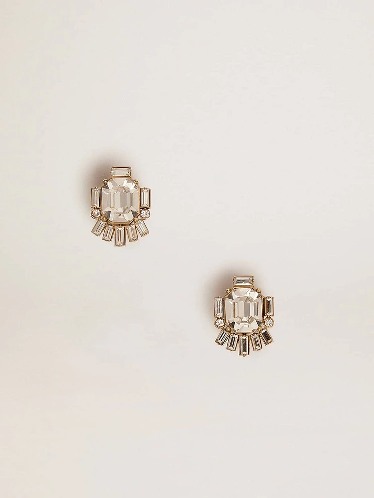 Women's Déco stud earrings in antique gold color with crystals