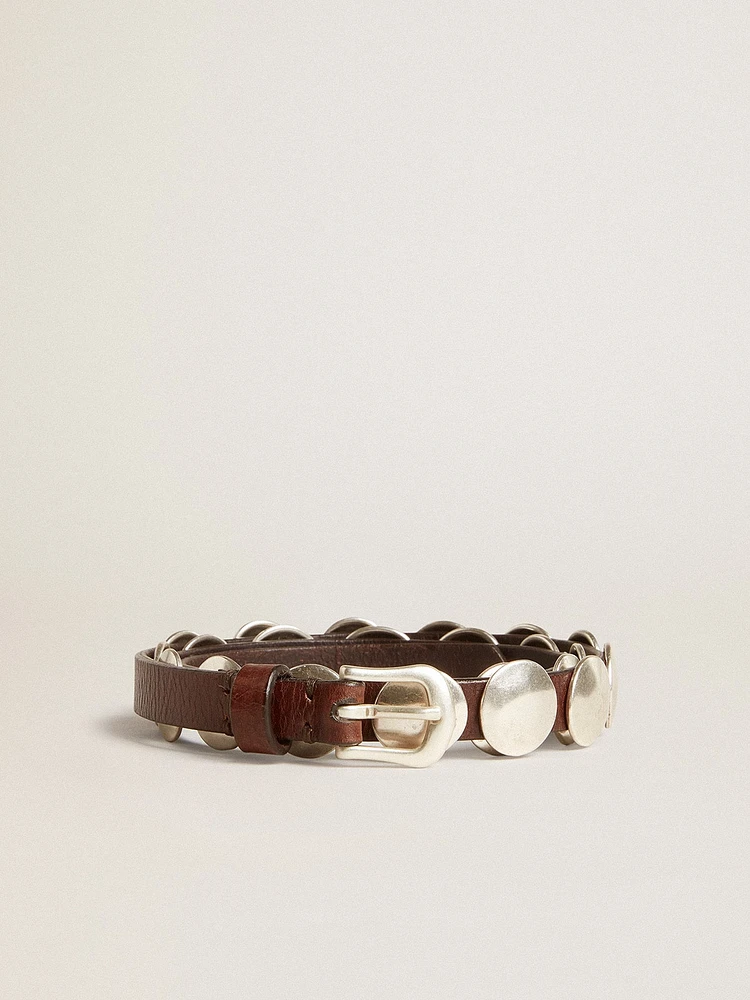 Trinidad thin belt dark brown leather with silver studs