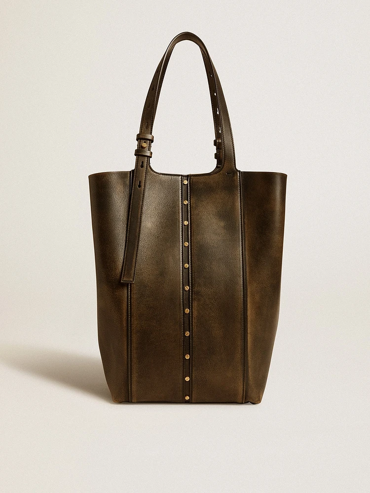 24/7 Bag North South in black distressed leather with adjustable handles