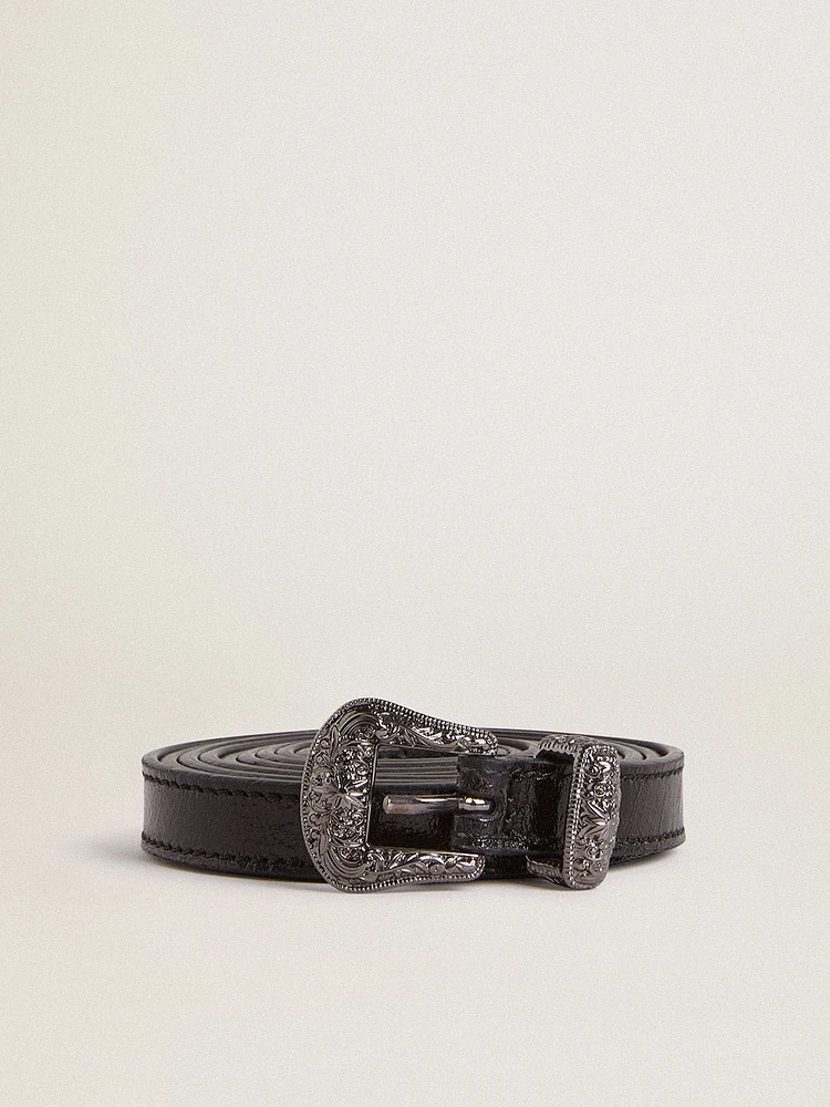 Black leather belt with silver buckle