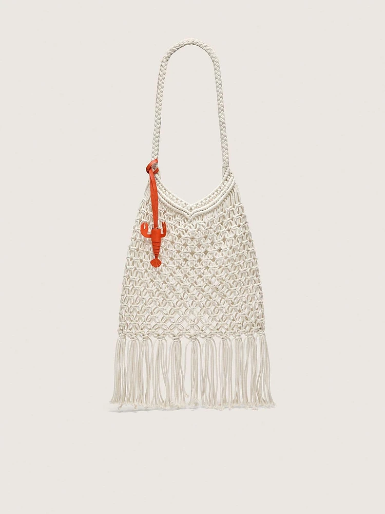 Women's macramé bag in butter-colored cotton with a leather lobster charm