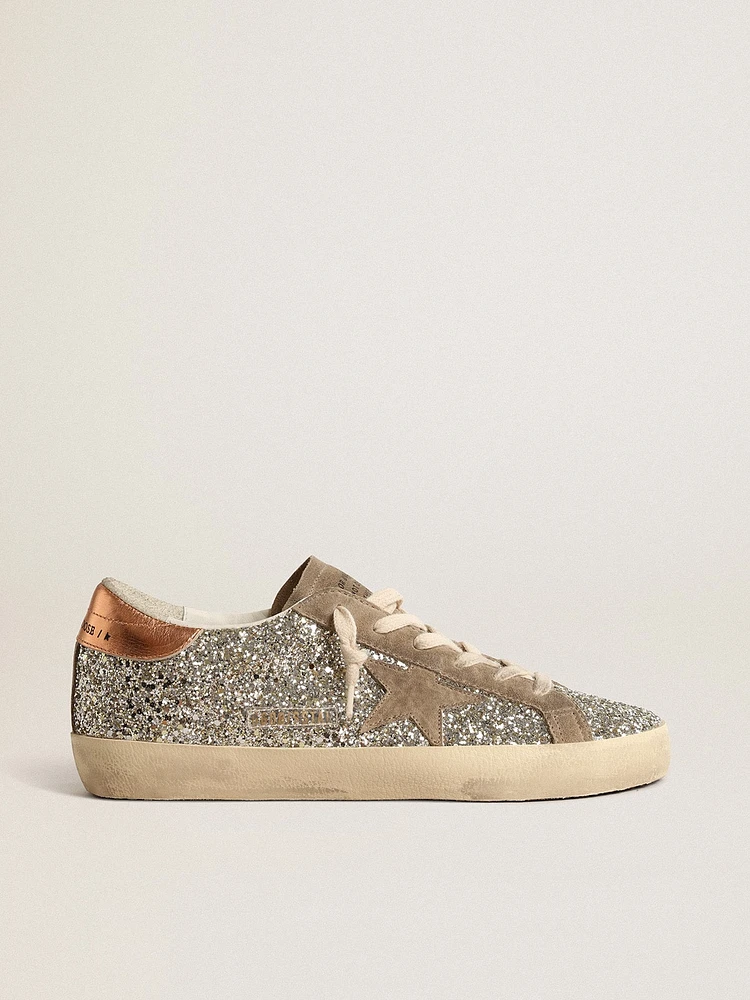 Women's Super-Star platinum glitter with dove-gray suede star