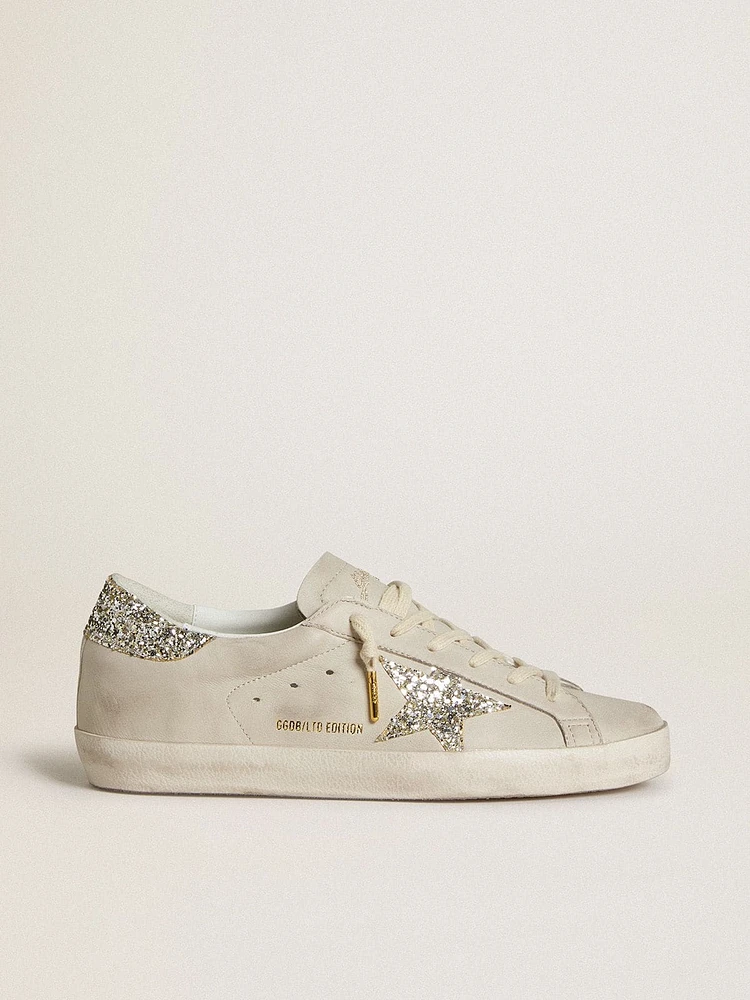 Women's Super-Star LTD ivory nappa leather with platinum glitter star and heel tab