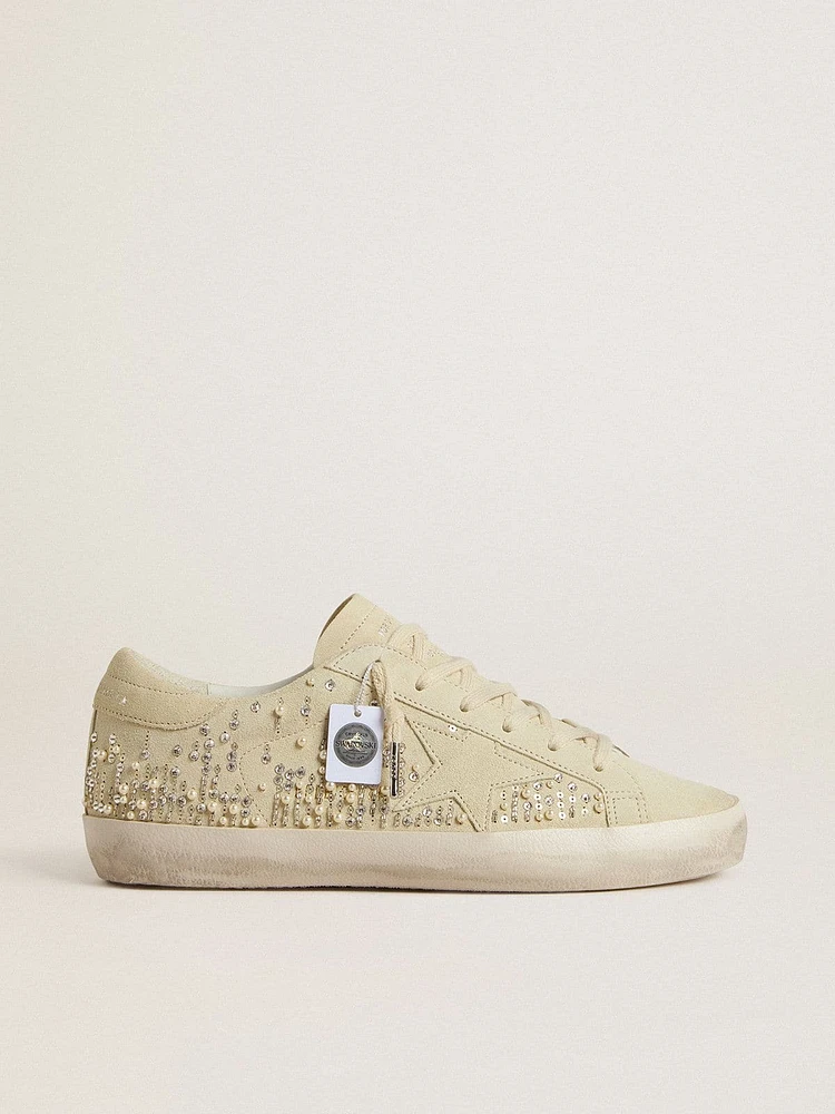 Women’s Super-Star beige suede with pearls and Swarovski crystals