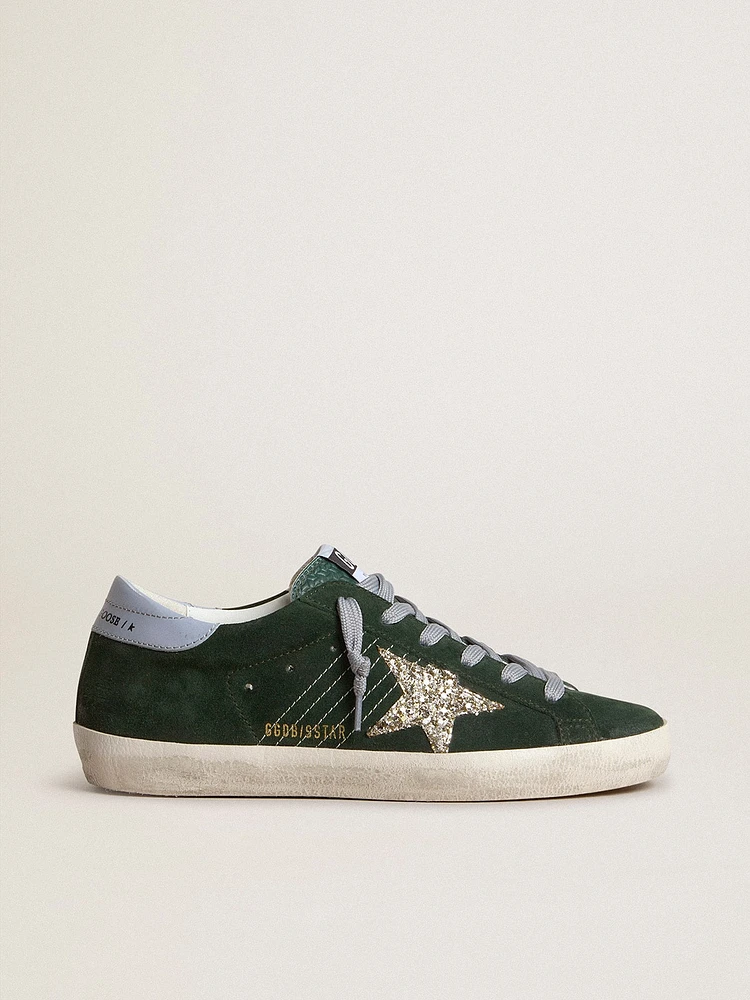 Women's Super-Star green suede, silver glitter star and leather heel tab