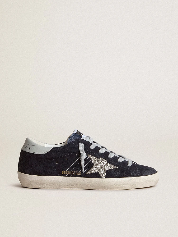 Women’s Super-Star in blue suede, silver glitter star and leather heel tab
