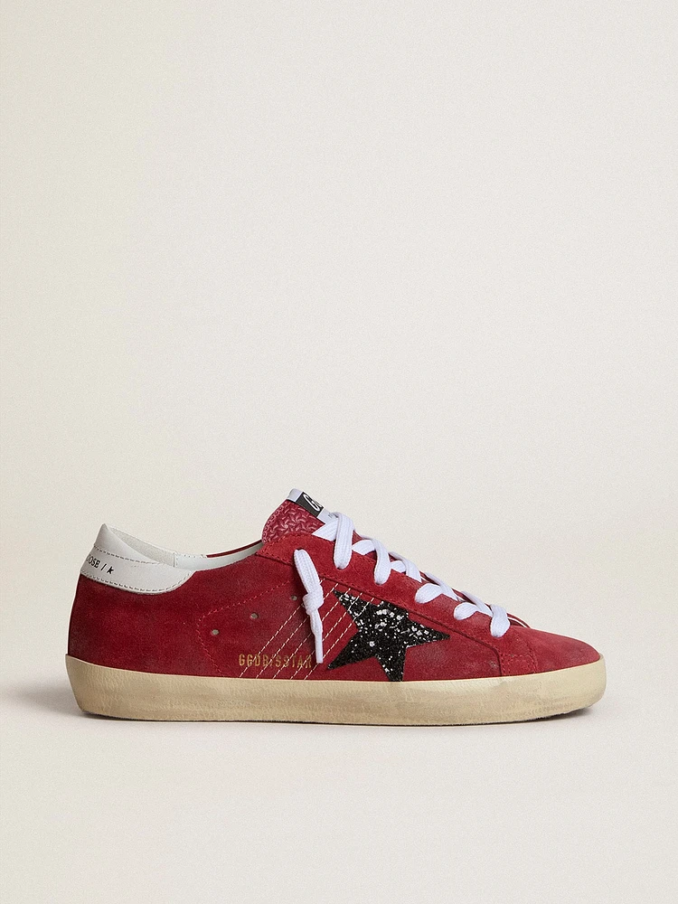 Women’s Super-Star red suede with glitter star and white heel tab