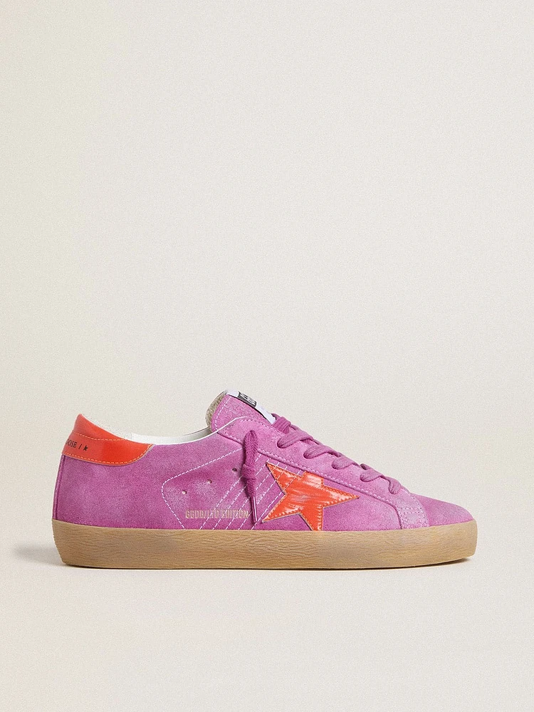 Women's Super-Star fuchsia suede with fluorescent orange laminated leather star and heel tab