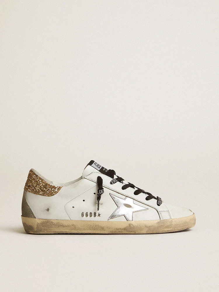 Women's white leather Super-Star with glittery heel tab