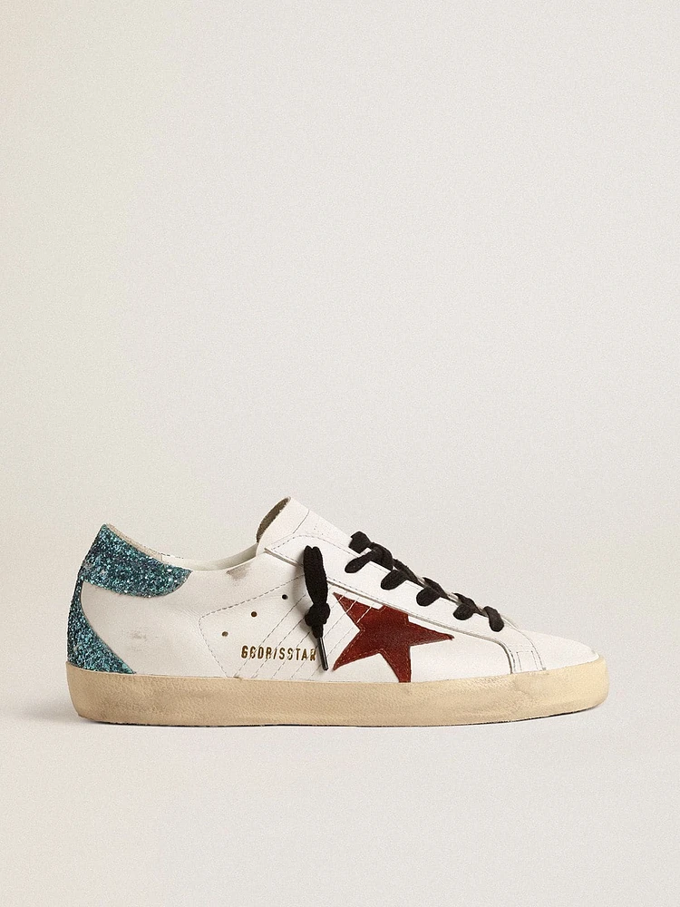 Women’s Super-Star with burgundy suede star and light blue glitter heel tab
