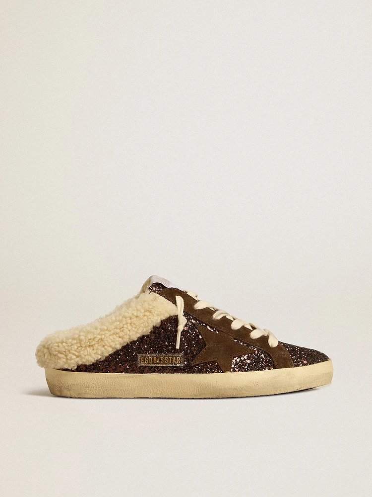 Super-Star Sabots glitter with brown star and shearling lining