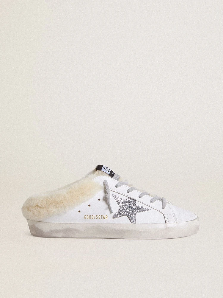 Super-Star Sabots white leather with shearling lining and silver star