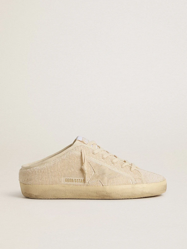 Women's Super-Star Sabot beige canvas with embroidered beads and suede star