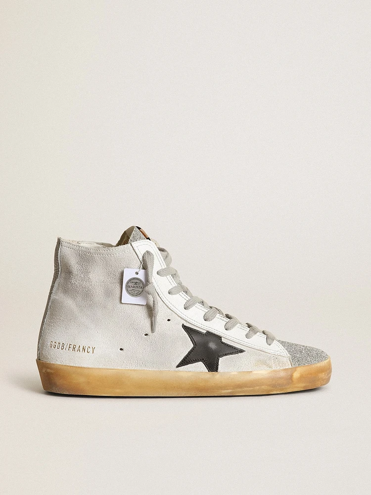 Women’s Francy white suede with black leather star and silver Swarovski crystal tongue