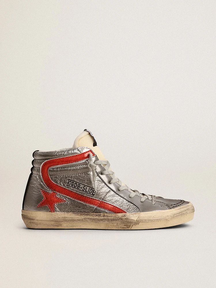 Women’s Slide with silver metallic leather upper and red flash