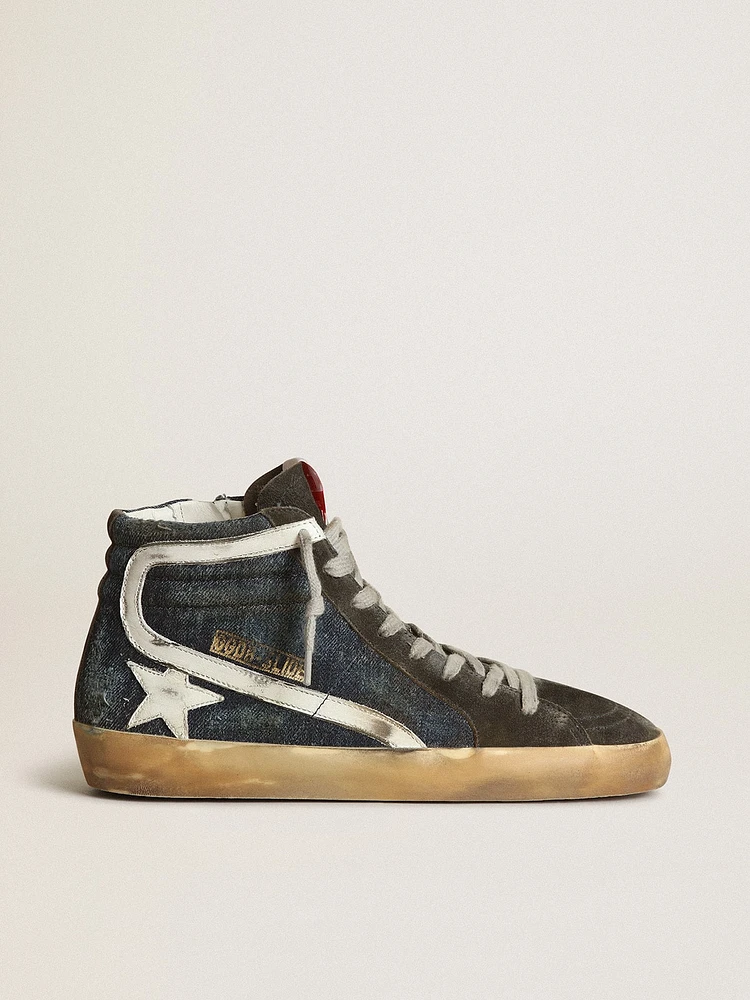 Slide midnight-blue denim with white leather star