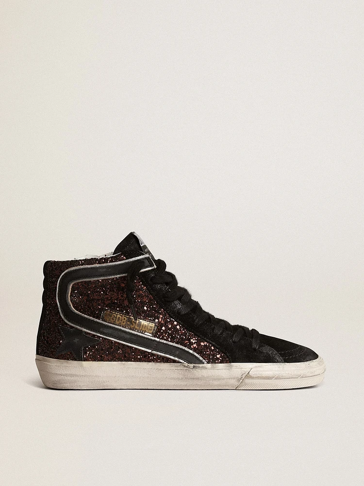 Slide brown glitter with black leather star and flash