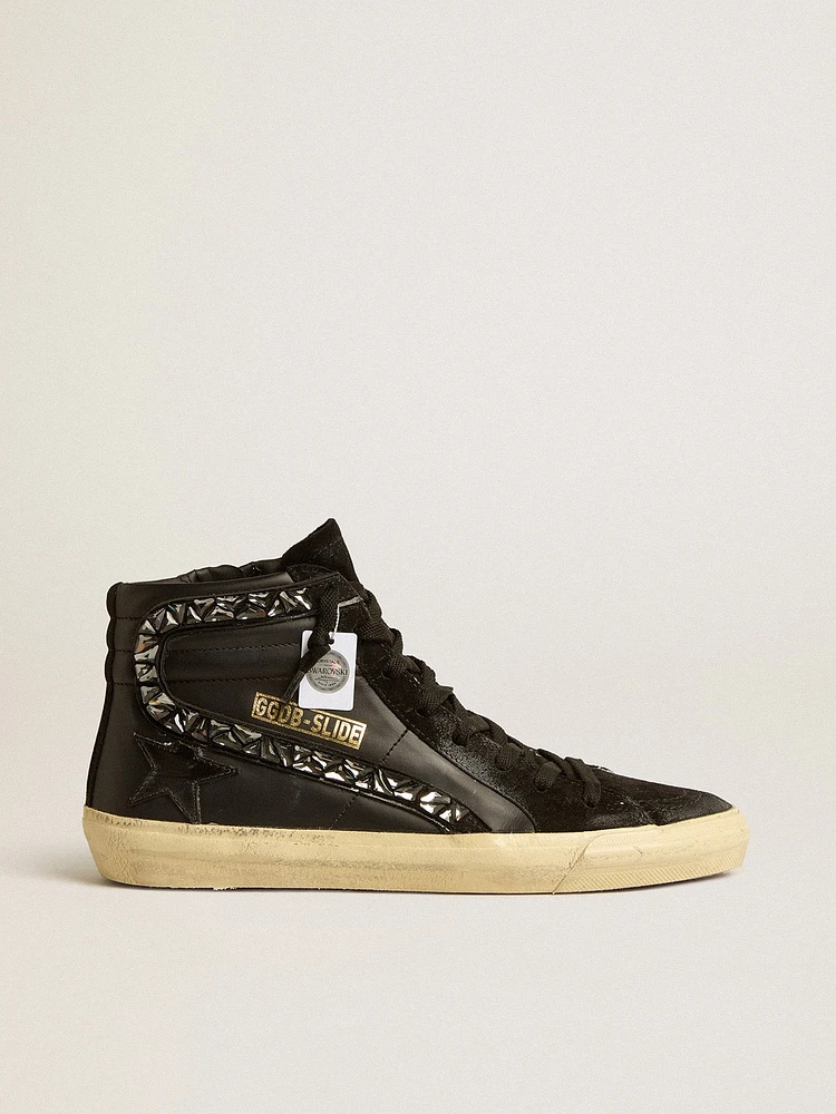 Slide leather with black star and Swarovski crystal flash