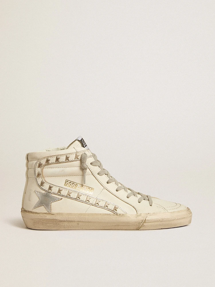 Slide with silver metallic leather star and flash stars