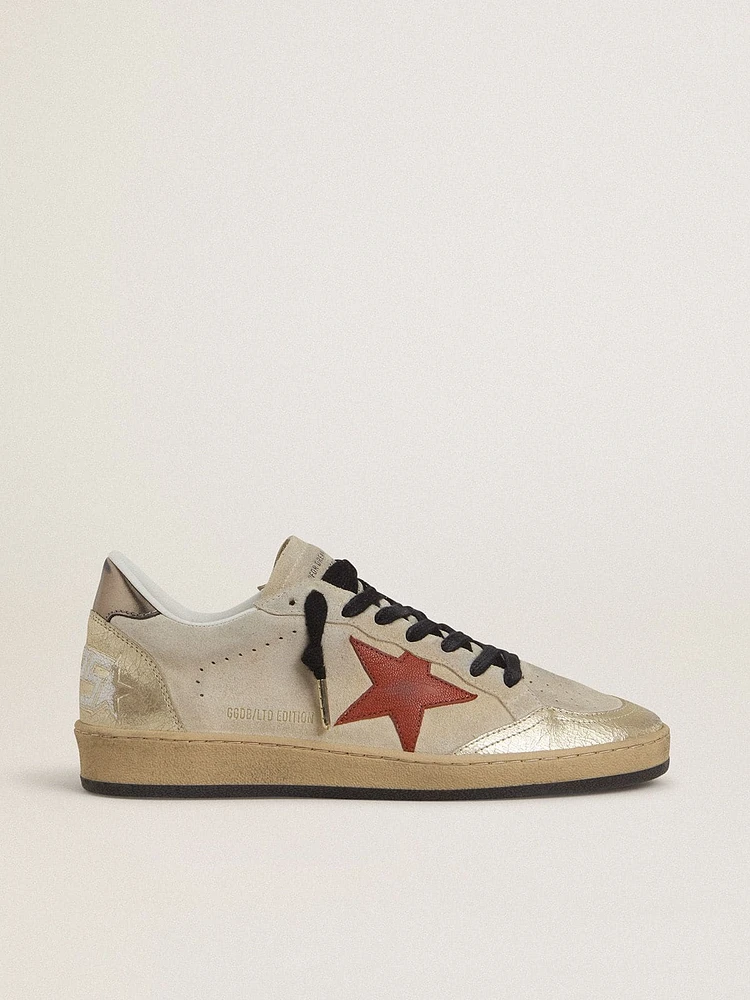 Ball star beige suede with red leather and metallic bronze foiled heel tab
