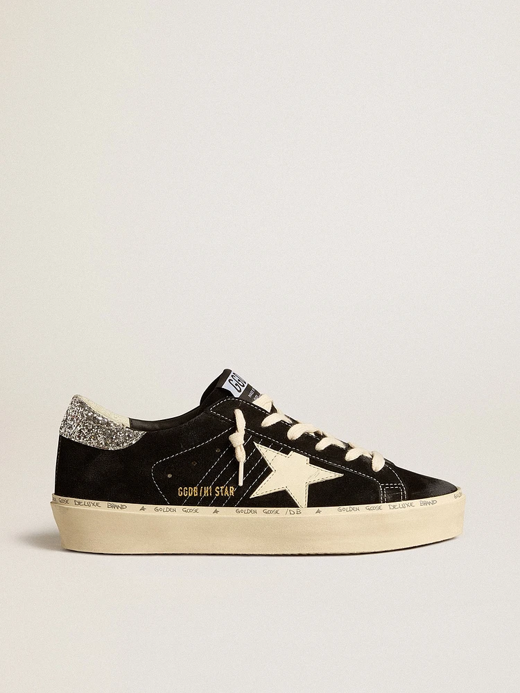 Women’s Hi Star black leather with silver glitter heel tab