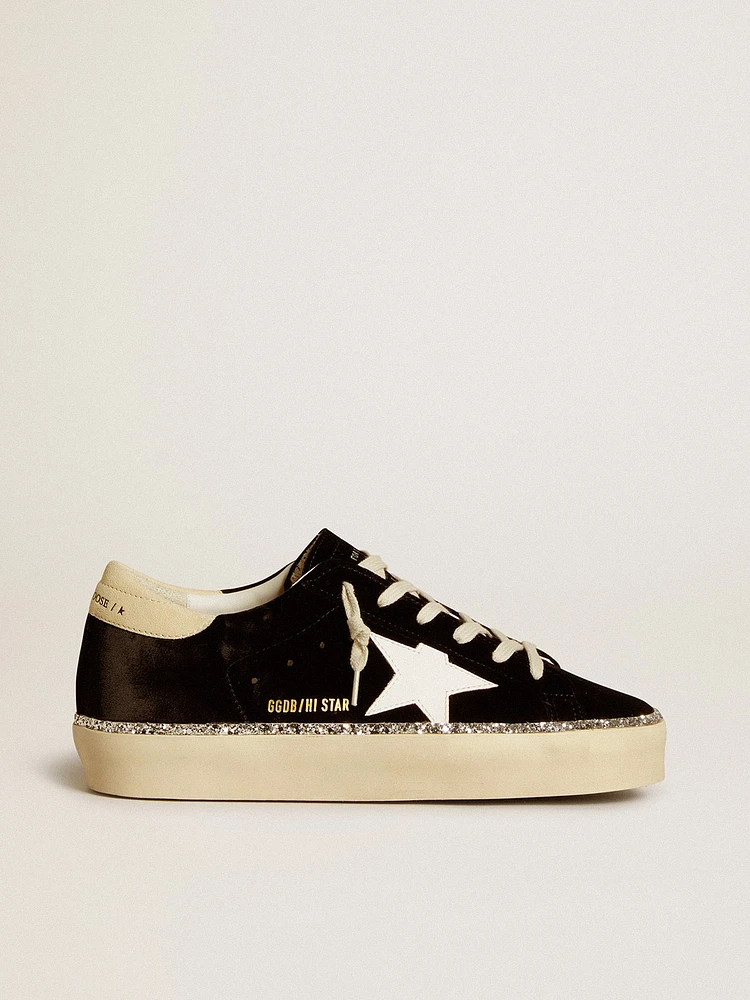 Hi star black velvet with white leather and suede heel tab
