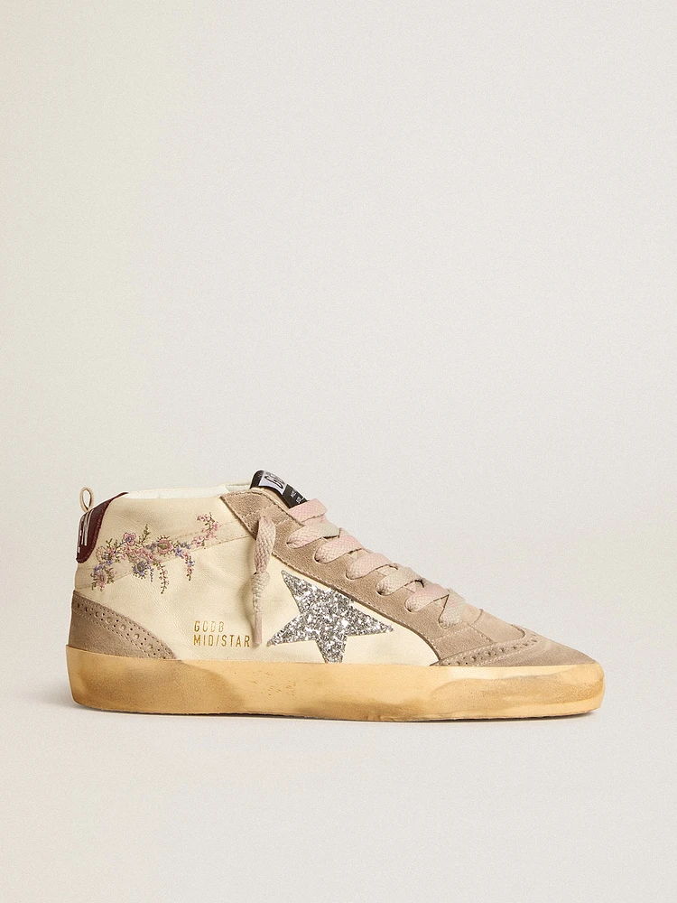 Women's Mid star nappa leather with floral embroidery and silver glitter