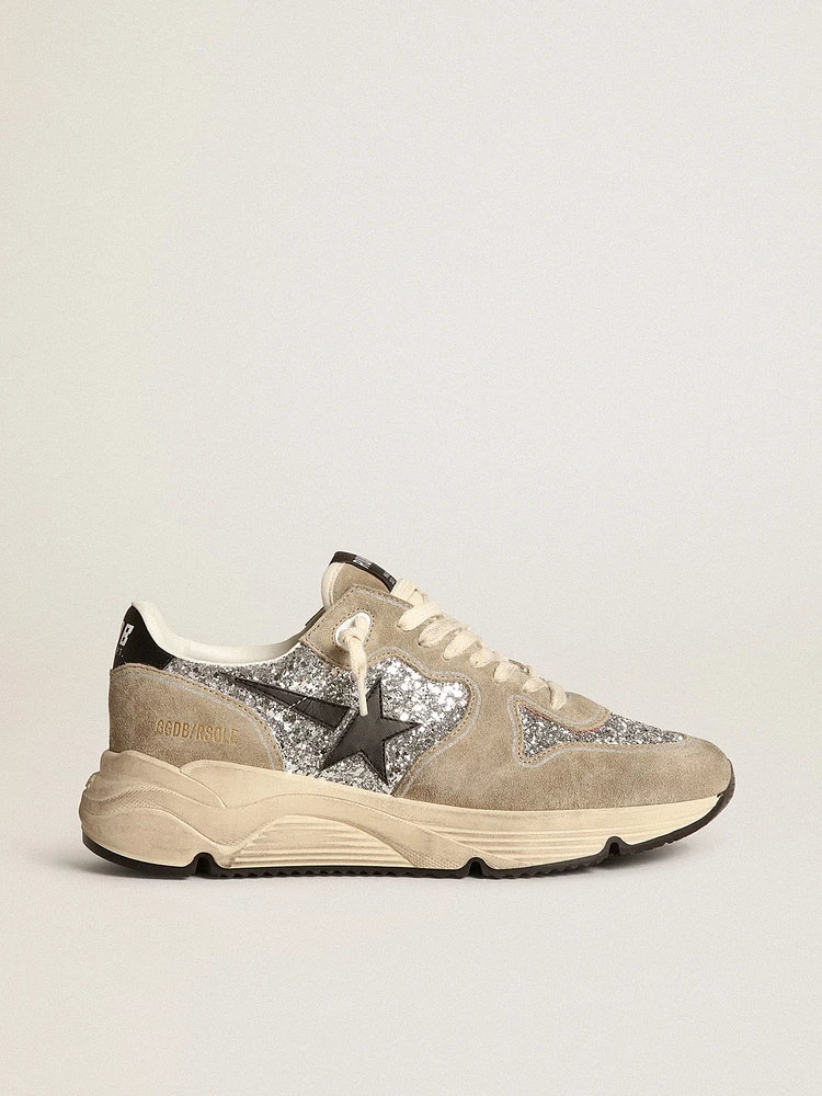 Women's Running Sole silver glitter and dove gray suede