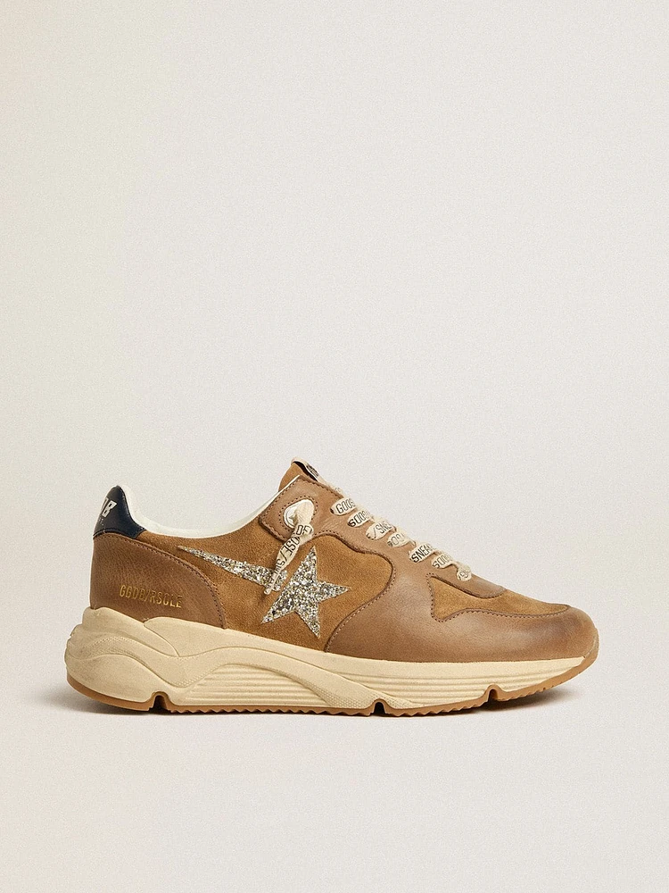 Women’s Running Sole tobacco-colored nappa leather and suede with silver glitter star