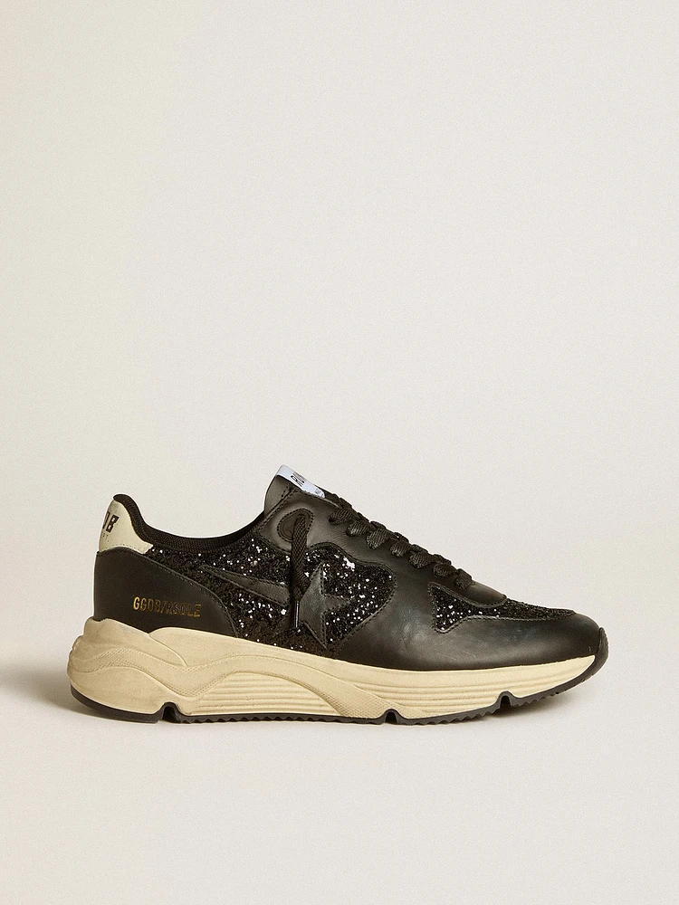 Women's Running Sole black glitter with leather star and nubuck heel tab